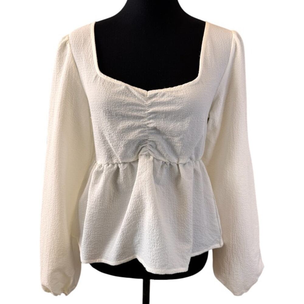 NEW SANCTUARY Anthropologie White Long Sleeve Smocked Back Blouse Size S